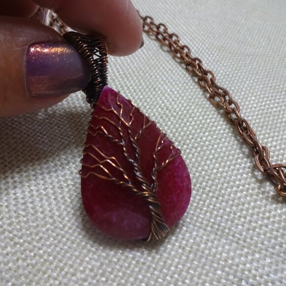 Rustic FACETED RUBY Handmade COPPER WIRE-WRAPPED TREE Pendant/Chain #181C - Picture 2 of 3